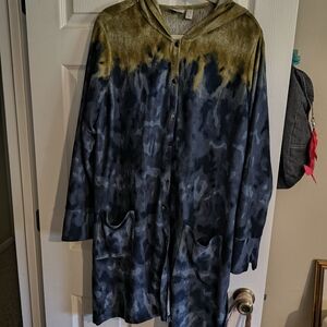 LOGO by Lori Goldstein Blue and Gold Hooded Cardigan
